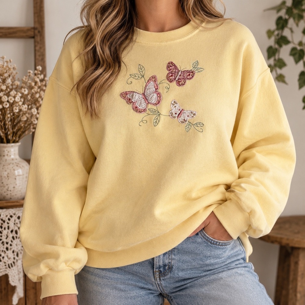 Vintage Top Stitch Yellow Butterfly Embroidered Sweatshirt Large Cottagecore